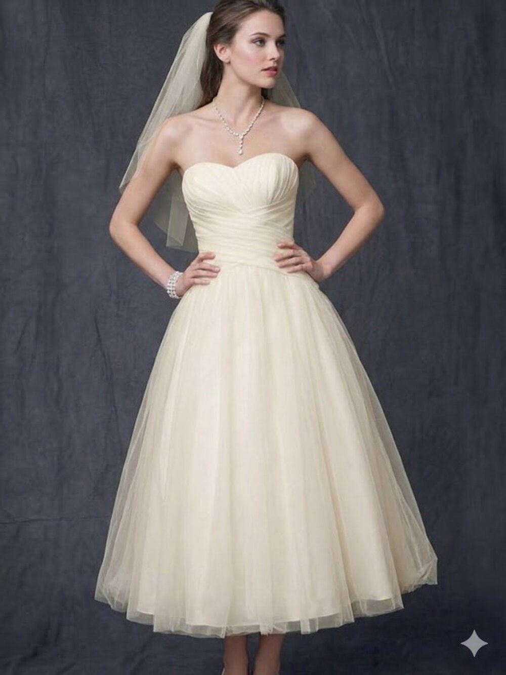 David’s Bridal Strapless Tea-Length Tulle Wedding Dress Ivory Size 12